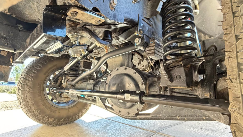 Installed view of BAD AXE RADS steering system on 2013+ Ram front axle
